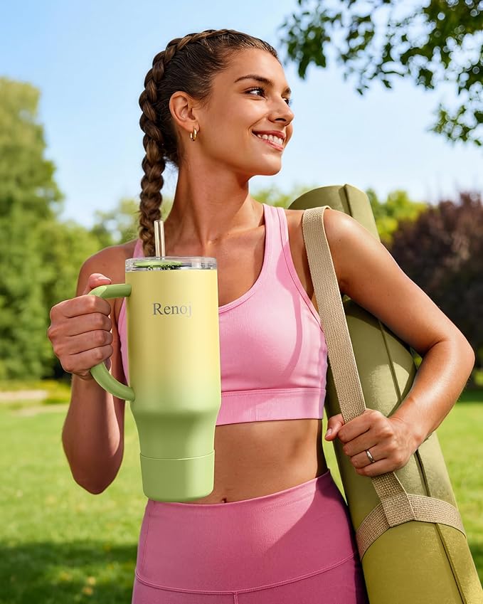 Tumbler with Handle 100% Spill Resistant Insulated Water Bottle for Iced Coffee & Hot Drinks - Fits Car Cup Holder, Ideal Gift, 2 Straws & Silicone Boot BPA-Free - FlexSlide Green Gradient 32 oz