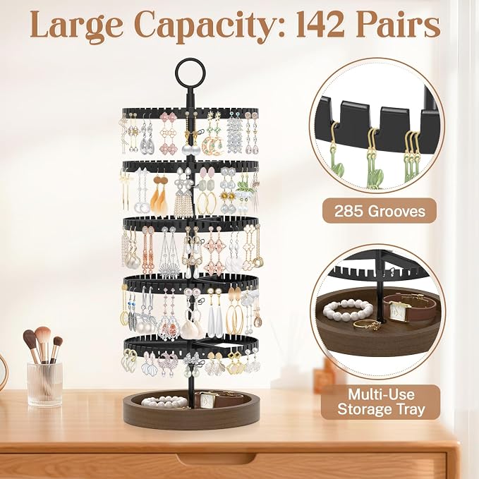 iDavosic.ly 5 Tier Rotating Earring Holder Organizer with Wooden Tray, Large Dangle Display Stands Tree with 285 Plastic Grooves, Adjustable Hoop Storage Rack, Space Saving Tower, Black & Brown