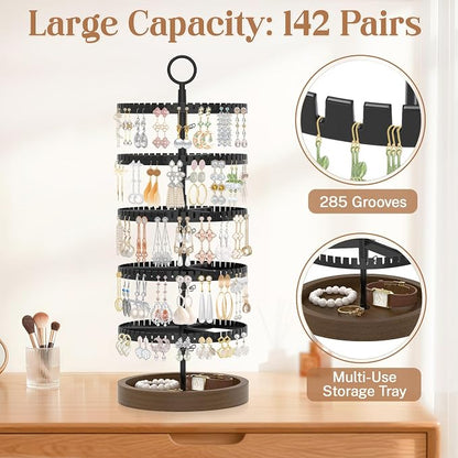 iDavosic.ly 5 Tier Rotating Earring Holder Organizer with Wooden Tray, Large Dangle Display Stands Tree with 285 Plastic Grooves, Adjustable Hoop Storage Rack, Space Saving Tower, Black & Brown