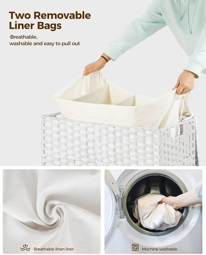 Greenstell Laundry Hamper with Wheels&Lid,130L Large 3 Sections Clothes Hamper with 2 Types Removable Liner Bags, 5 Mesh Laundry Bags, Handwoven Divided Laundry Basket White