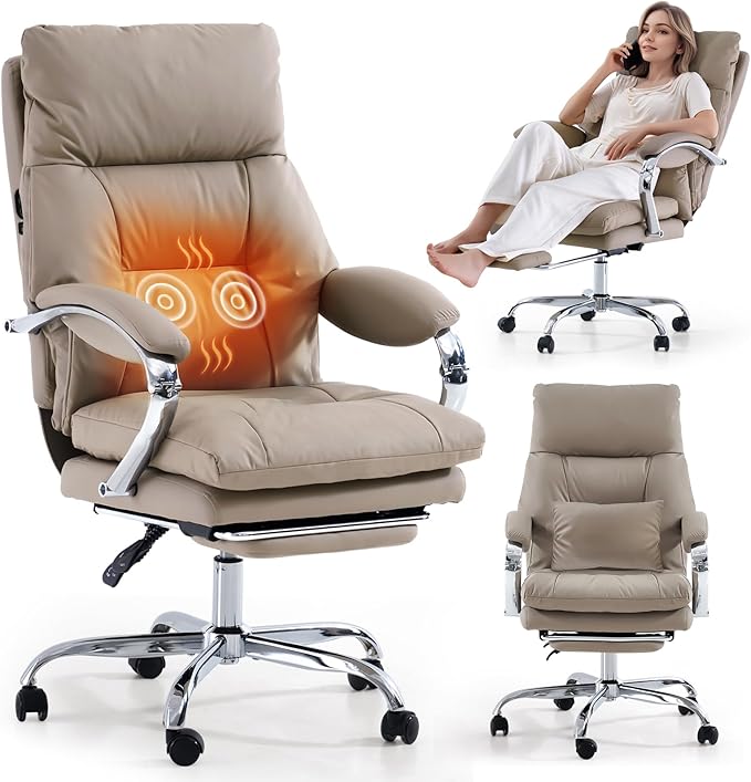 LEAGOO Heated Massage Office Chair with Foot Rest, Reclining Ergonomic Executive Office Chair with Massager for Lower Back, High Back PU Leather Comfy Heated Computer Desk Chair with Wheels, Khaki