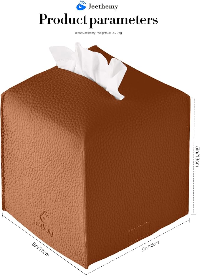 Tissue Box Cover, Jeethemy Square PU Leather Tissue Box Holder, Modern Tissue Case Facial Paper Organizer Dispenser，5X5X5'',Single Camel