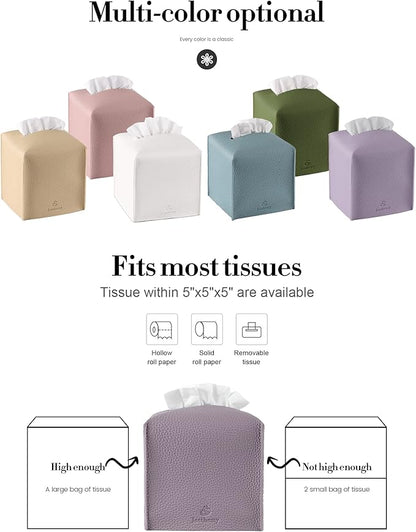 Tissue Box Cover, Jeethemy Square PU Leather Tissue Box Holder, Modern Tissue Case Facial Paper Organizer Dispenser，5X5X5'',Single Purple