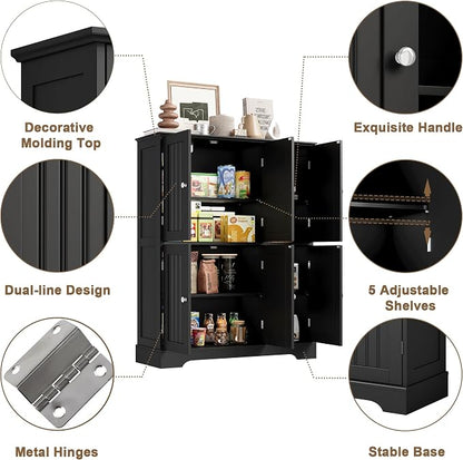 ChooChoo Bathroom Floor Cabinet, Modern Bathroom Storage Cabinet with 6 Doors and Adjustable Shelves, Freestanding Cupboard for Living Room, Black