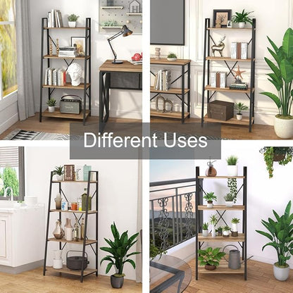 BON AUGURE Farmhouse Ladder Shelf Bookcase, 4 Tier Rustic Ladder Bookshelf, Standing Leaning Book Shelves for Living Room (Vintage Oak)