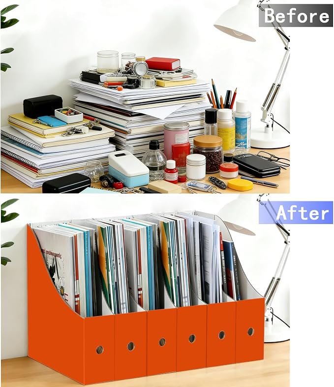 Limitliho 2 Pack Cardboard Magazine Storage Boxes, Vertical File Organizer Box for Desk or Shelves, Book Holder for Classroom,Office,Home(Orange-Red, 10.6" H x 10.2" L x 3.5" W in)