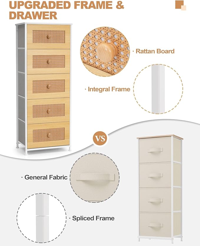 Crestlive Products Rattan Dresser, Tall Fabric Storage Tower, Chests of Drawers with Handles - Organizer Unit for Bedroom, Hallway, Entryway, Closets - 6 Drawers (White Top & Frame)