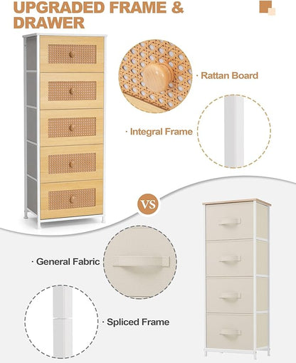 Crestlive Products Rattan Dresser, Tall Fabric Storage Tower, Chests of Drawers with Handles - Organizer Unit for Bedroom, Hallway, Entryway, Closets - 6 Drawers (White Top & Frame)