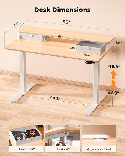 FiCiHi Standing Desk with Drawers, C-Clamp Mount Compatible, 55x24 Inch Electric Adjustable Height Computer Stand Up Desks, Home Office Sit Stand Table with 3 Preset Heights & 2 Hooks, Natural