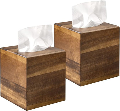 2 Pack Wooden Tissue Box Cover Square - Acacia Wood Tissue Box Holder for Tabletop Stands Bathroom Office- Decorative Facial Wood Tissue Box Cover for Modern Farmhouse Decor-Standard Walnut Color