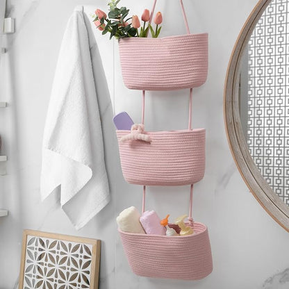 TeoKJ Over the Door Hanging Basket, 3-Tier Woven Cotton Wall-Mounted Storage Organizer Bag Decorative Hanging Nursery Baskets, Pink