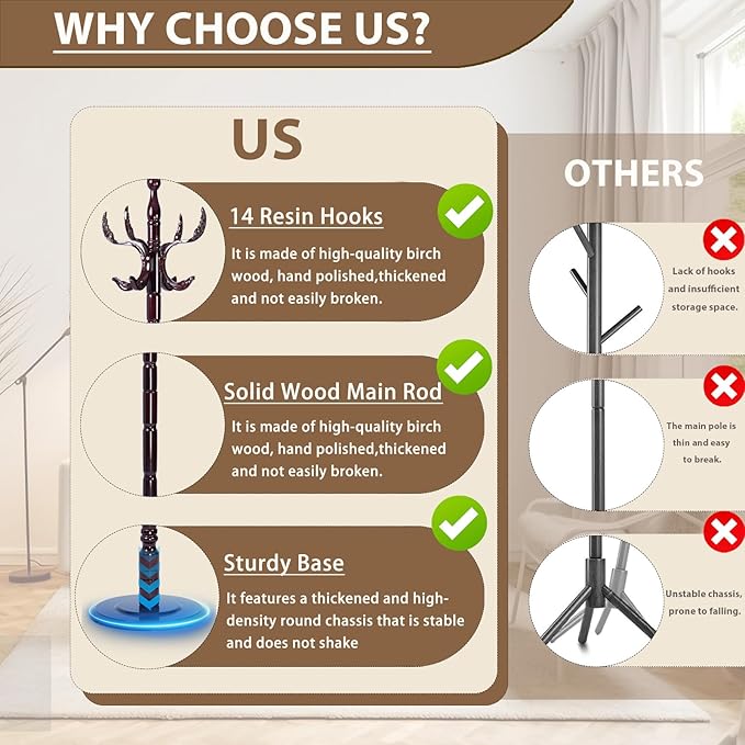Solid Wooden Coat Rack Stand, Coat Racks Freestanding with 14 Hooks, Natural Birch Wood Coat stands with Sturdy Round Base, Tree Coat Hanger Standing for Entryway Bedroom Office (Chi Bang)