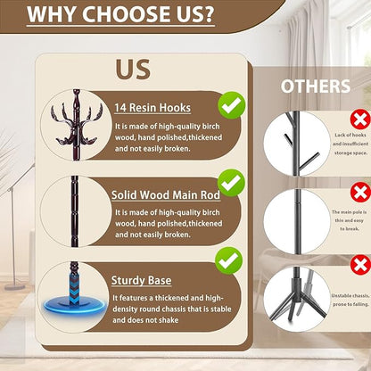 Solid Wooden Coat Rack Stand, Coat Racks Freestanding with 14 Hooks, Natural Birch Wood Coat stands with Sturdy Round Base, Tree Coat Hanger Standing for Entryway Bedroom Office (Chi Bang)