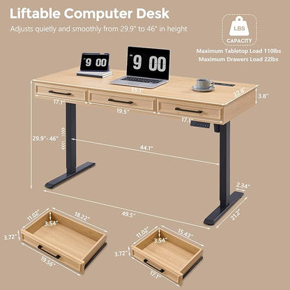 Electric Standing Desk with 3 Storage Drawers, 55x22 Inch Adjustable Height Office Computer Desk w/One-Piece Desktop & Power Outlets,Sit to Stand Up,Gaming Table for Study and Home, Natural Oak
