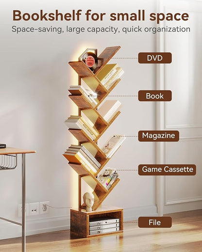 Casaottima Tree Bookshelf with LED Lights, 8-Tier Narrow Bookcase for Small Spaces, Tall Steel & Wood Storage Shelf with Cabinet, Home Decor & Organizer for Living Room/Bedroom/Home Office, Vintage