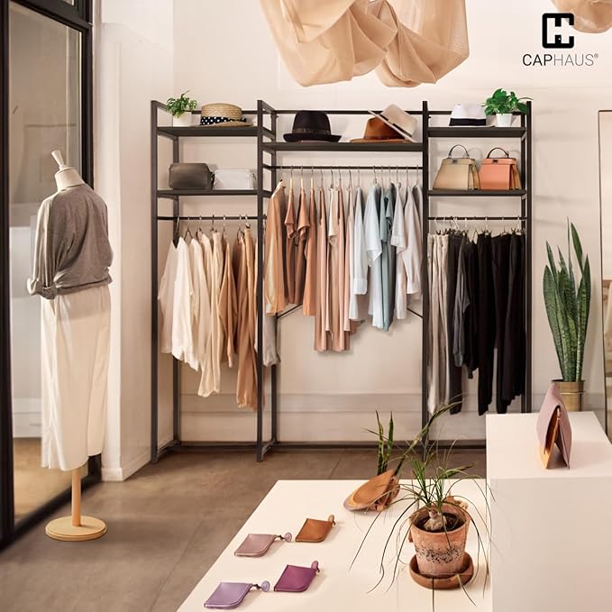 CAPHAUS 913lbs Capacity Garment Rack for Hanging Clothes, Heavy Duty Open Wardrobe w/Hanging Rods, Free Standing Closet Organizer, Clothing Rack, Metal Closet w/Wooden Boards, Black Vintage Board