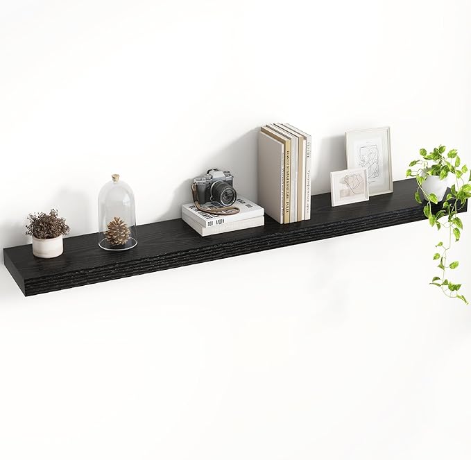 Acovy 48 Inch Floating Shelves, 8 Inch Deep Floating Shelves for Wall, Hanging Shelf with Invisible Brackets, Deep Shelves for Bathroom, Bedroom, Living Room, Black, Set of 1