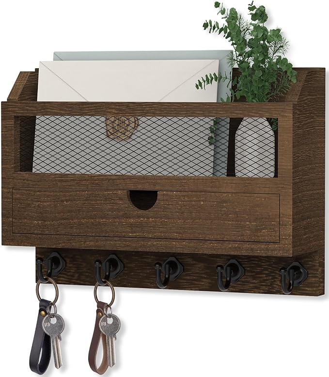 Nekon Key and Mail Holder for Wall, Key Organizer with 5 Hooks & Storage Drawer, 11" W x 7.9" H x 3.1" D Wooden Key Rack for Entryway and Home Decor (Brown)
