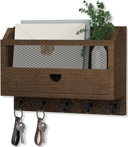 Nekon Key and Mail Holder for Wall, Key Organizer with 5 Hooks & Storage Drawer, 11" W x 7.9" H x 3.1" D Wooden Key Rack for Entryway and Home Decor (Brown)