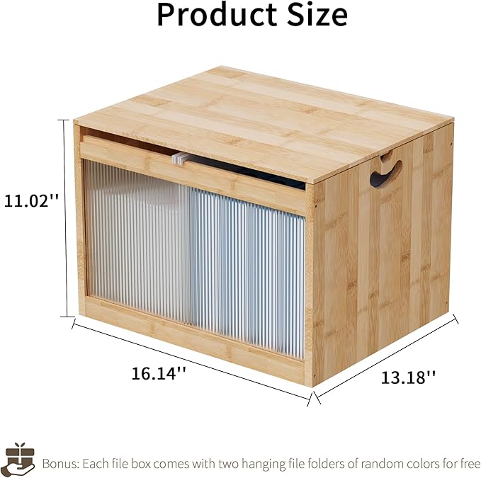 LONTAI Natural Bamboo & Acrylic File Box with Removable Lid, Modern File Organizer Box for Letter/Legal Files, Hanging File Box with Easy Assembly & Dustproof Storage for Home Office