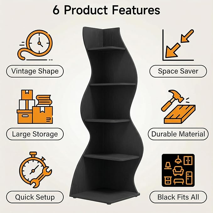 Arvolia 70 Inch Corner Shelf Stylish Design,Modern 5-Tier Wall Corner Bookshelf,Stylish Corner Small Bookcase Storage Rack Plant Stand with Unique Shape for Home Office (Black)