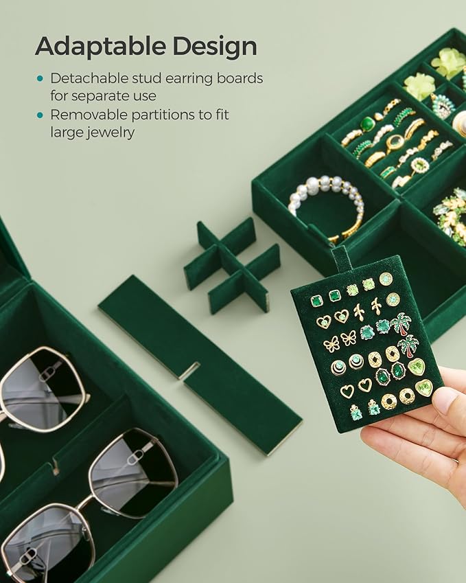 SONGMICS 2-Layer Jewelry Box, Jewelry Organizer with Handle, Removable Jewelry Tray, Jewelry Storage, Floating Effect, 8.1 x 9.4 x 4.3 Inches, Gift Idea, Forest Green UJBC165C01