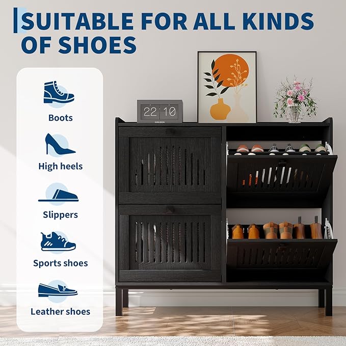 Garvee 4 Flip Drawer Shoe Cabinet with Adjustable Shelves, Hidden Shoe Organizer with Large Capacity, Freestanding Wooden Shoe Rack for Entryway, Hallway, Living Room, Black