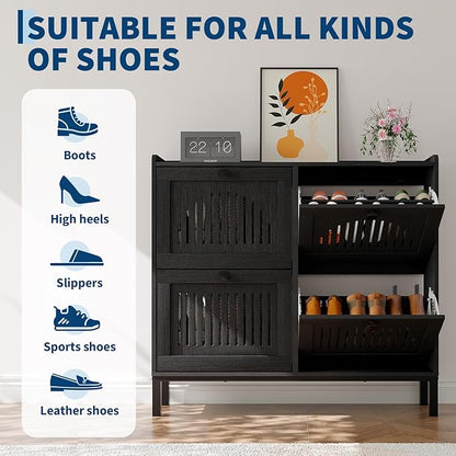 Garvee 4 Flip Drawer Shoe Cabinet with Adjustable Shelves, Hidden Shoe Organizer with Large Capacity, Freestanding Wooden Shoe Rack for Entryway, Hallway, Living Room, Black