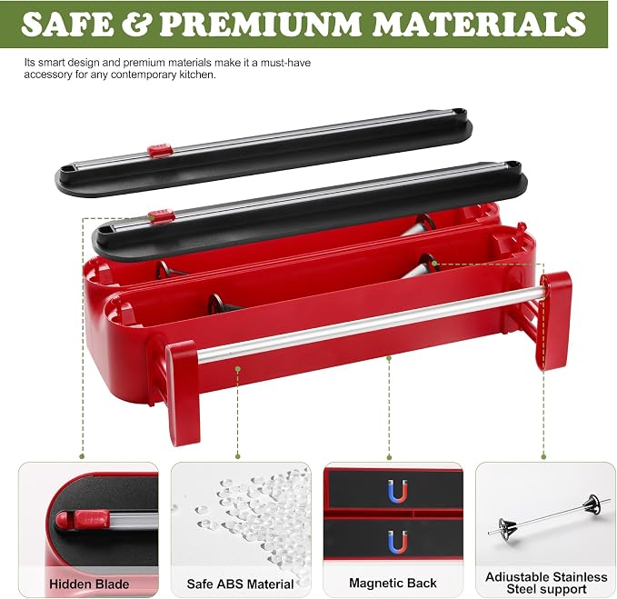 Aluminum Foil & Plastic Wrap Dispenser with Cutter - Magnetic & No-Drill Wall Mount, Cling Film Dispenser with Paper Towel Holder, Space-Saving 3-in-1 Kitchen Organizer - Fits 12" Roll, Red