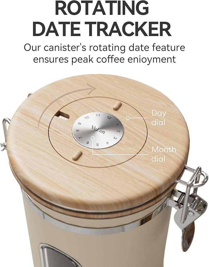 Veken Coffee Sugar Canister with Window, Gifts For Women,Airtight Stainless Steel Kitchen Food Storage Container Gift, Date Tracker & Scoop for Ground, Beans,Tea,Flour,Cereal, 22OZ, Cream