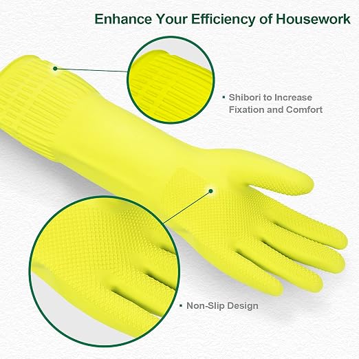 DABOGOSA Mamison 2 Pairs Reusable Waterproof Household Dishwashing Cleaning Rubber Gloves, Non-Slip Kitchen Glove (Green, Large (Pack of 2))