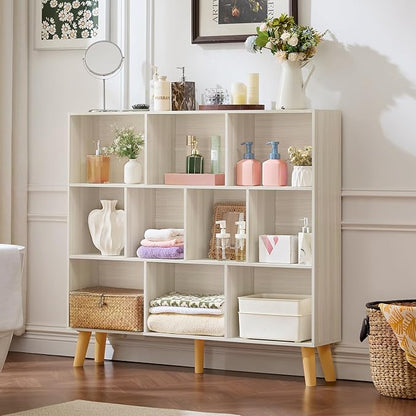 LEYAOYAO 10 Cube Bookshelf,3 Tier Modern Wide Bookcase with Legs,Mid-Century Wood Bookshelves Storage，Light Grey White Large Book Case,Freestanding Organizer Display Shelf for Living Room,Office