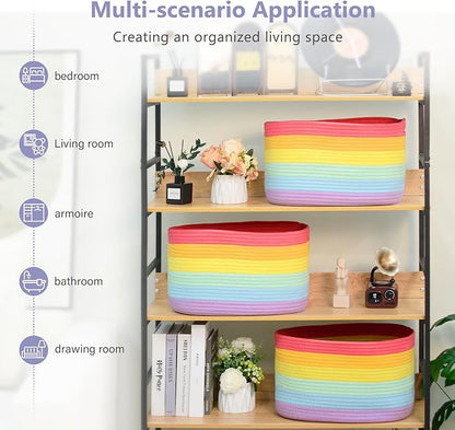 Cotton Rope Storage Basket, 15x10x9 Inches, Woven Basket for Shelves, Clothes, Towels, Books, and Laundry, Rainbow (1 Pack)