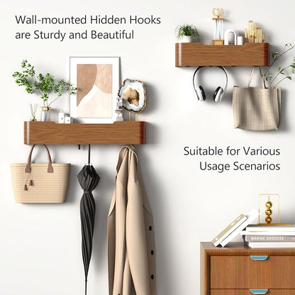 Coat Rack Wall Mount with Hidden Hooks Modern Key Holder Wood Entryway Hook with Shelf for Bedroom Kitchen Hallway Bathroom Designed for Hanging Coats Hats Bags Towel Dog Leashe(Walnut,5 Hooks)