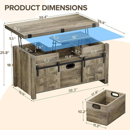 Memobarco 40" Farmhouse Lift Top Coffee Table with Sliding Barn Door,4 in 1 Multi-Function Coffee Tables with Storage Drawers & Hidden Compartment,Converts to Dining Table for Living Room,Grey