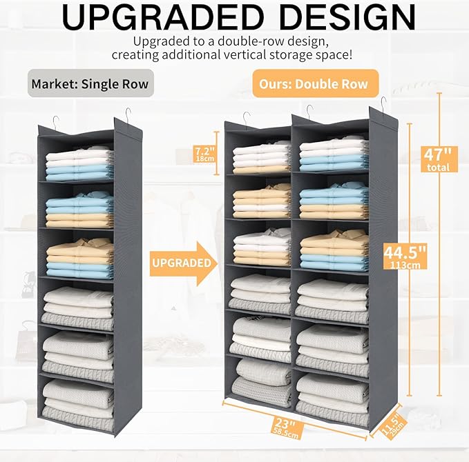 Space-Saving Hanging Closet Storage Organizer – Dual-Row Foldable Shelves with 3 Hooks, 6-Tier Wardrobe Organizer for Dorm, Bedroom, Closet (Grey) | Storage, 12 Pockets, 3 Sturdy Hooks, Dorm Room Essentials