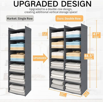 Space-Saving Hanging Closet Storage Organizer – Dual-Row Foldable Shelves with 3 Hooks, 6-Tier Wardrobe Organizer for Dorm, Bedroom, Closet (Grey) | Storage, 12 Pockets, 3 Sturdy Hooks, Dorm Room Essentials