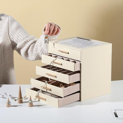 Frebeauty Clear Lid Jewelry Box,5-Layer Jewelry Organizer with Drawer,PU Leather Jewelry Organizers and Storage,Jewelry Boxes for Women,Jewelry Storage for Rings Earring Stud,Gift for Women(Beige)