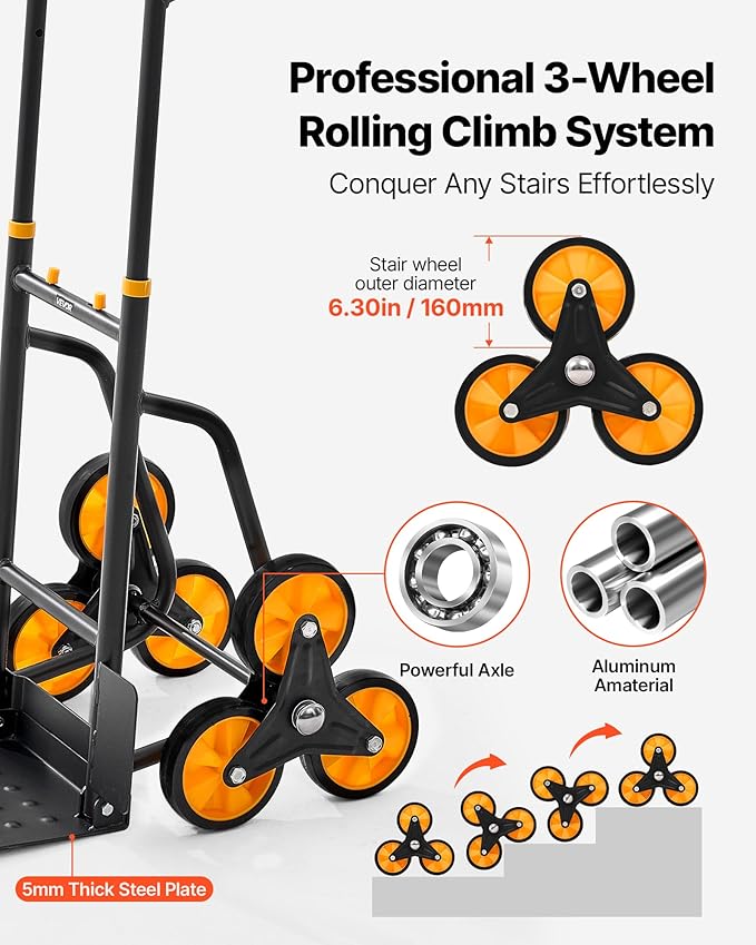 VEVOR Stair Climbing Cart, 770 lbs Stair-Climbing Capacity, Heavy-Duty Folding Trolley Cart with Telescoping Handle, 6 Wheels and 2 Bungee Cords, Stair Climber Dolly for Home, Groceries, Warehouse