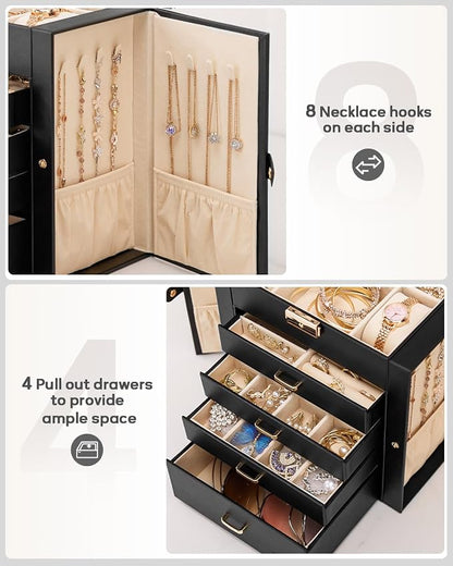 Homde Mothers Day Gifts Synthetic Leather Huge Jewelry Box Mirrored Watch Organizer Necklace Ring Earring Storage Lockable Gift Case (Black + Gold)