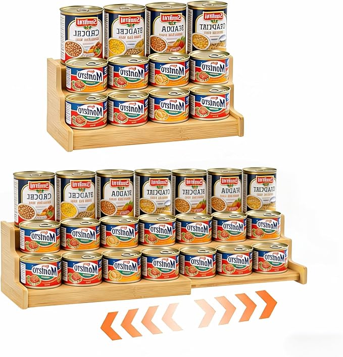 Expandable Bamboo Can Organizer for Pantry AdjustableStackable Can Rack Organizer for Kitchen CabinetCountertop Food Storage Organizer for Cans Jars & SpiceBottles (15.74 * 7.28 * 3.93in)