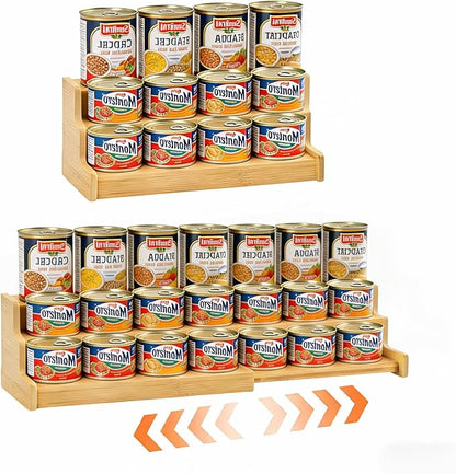 Expandable Bamboo Can Organizer for Pantry AdjustableStackable Can Rack Organizer for Kitchen CabinetCountertop Food Storage Organizer for Cans Jars & SpiceBottles (15.74 * 7.28 * 3.93in)