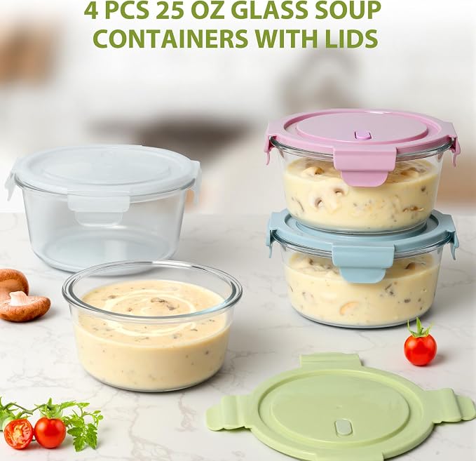 Freshmage 25oz Glass Meal Prep Containers, Round Food Storage Container with Lid Airtight, BPA-Free, Borosilicate Glass Soup Container for Leftovers, Microwave Oven Dishwasher&Freezer Safe (4 Pack)