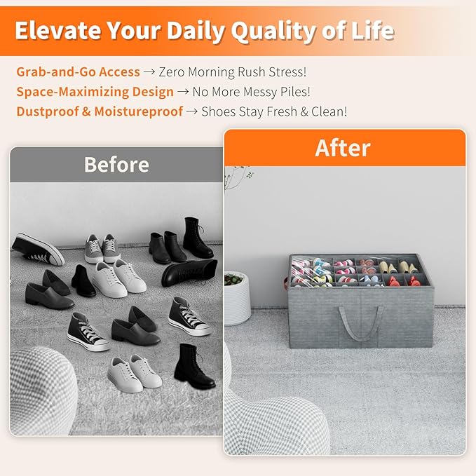 Aokeyee Shoe Organizer for Closet, 2 Pack Large Shoe Storage Box Fits up to 24-48 Pairs, Space Saving Foldable Shoes Organizer Bin w/Clear Cover and 4 Reinforced Handles, Grey
