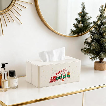 Square Christmas-Themed Tissue Box Cover with A Magnetic Bottom,A Stylish Leather-Decorated Tissue Holder for Living Rooms, Bedrooms, and Office Desks (White Rectangle)