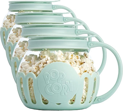 Ecolution Patented Micro-Pop Microwave Popcorn Popper with Temperature Safe Glass, 3-in-1 Lid Measures Kernels and Melts Butter, Made Without BPA, Dishwasher Safe, 1.5-Quart, Aqua (Pack of 4)