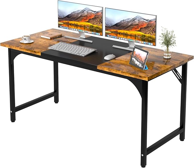 Computer Desk 55.1" Office Desk, Extra Wide 23.62” Carbon Fiber Deep Desktop, 0.59” Thick Heavy-Duty Home Office Desks, Office Table with Steel Frame, Wood Desk for Bedroom Study Writing Gaming Work