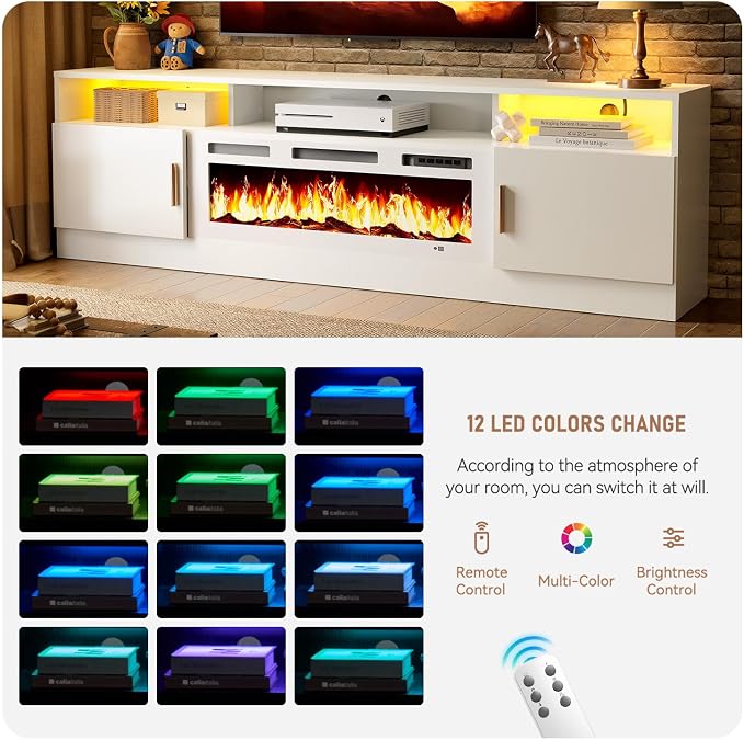 MXV 70" Fireplace TV Stand with Power Outlet for TVs UP to 80", Electric Fireplace Entertainment Center with LED Lights & Storage Cabinets, TV Console for Living Room, Office, White-White