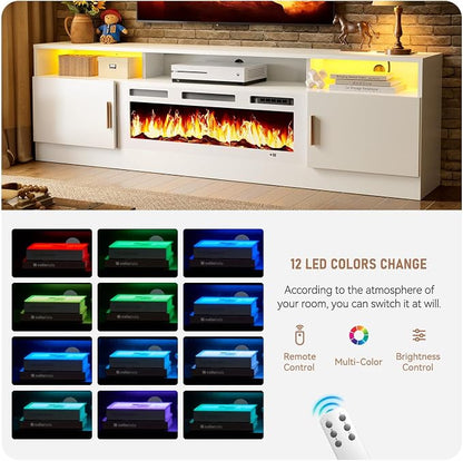 MXV 70" Fireplace TV Stand with Power Outlet for TVs UP to 80", Electric Fireplace Entertainment Center with LED Lights & Storage Cabinets, TV Console for Living Room, Office, White-White