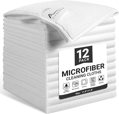 SIFANGKE Microfiber Cleaning Cloth, 12 Pack Lint-Free and Highly Absorbent Rags, White Reusable Microfiber Towels for Car, Kitchen, Bathroom and Household Cleaning Supplies, 11.8"X11.8"